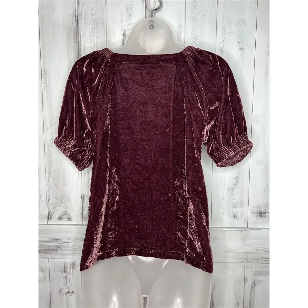 WOMENS‎ ANN TAYLOR LOFT PURPLE CRUSHED VELVET SHORT PUFF SLEEVE V-NECK TOP XS